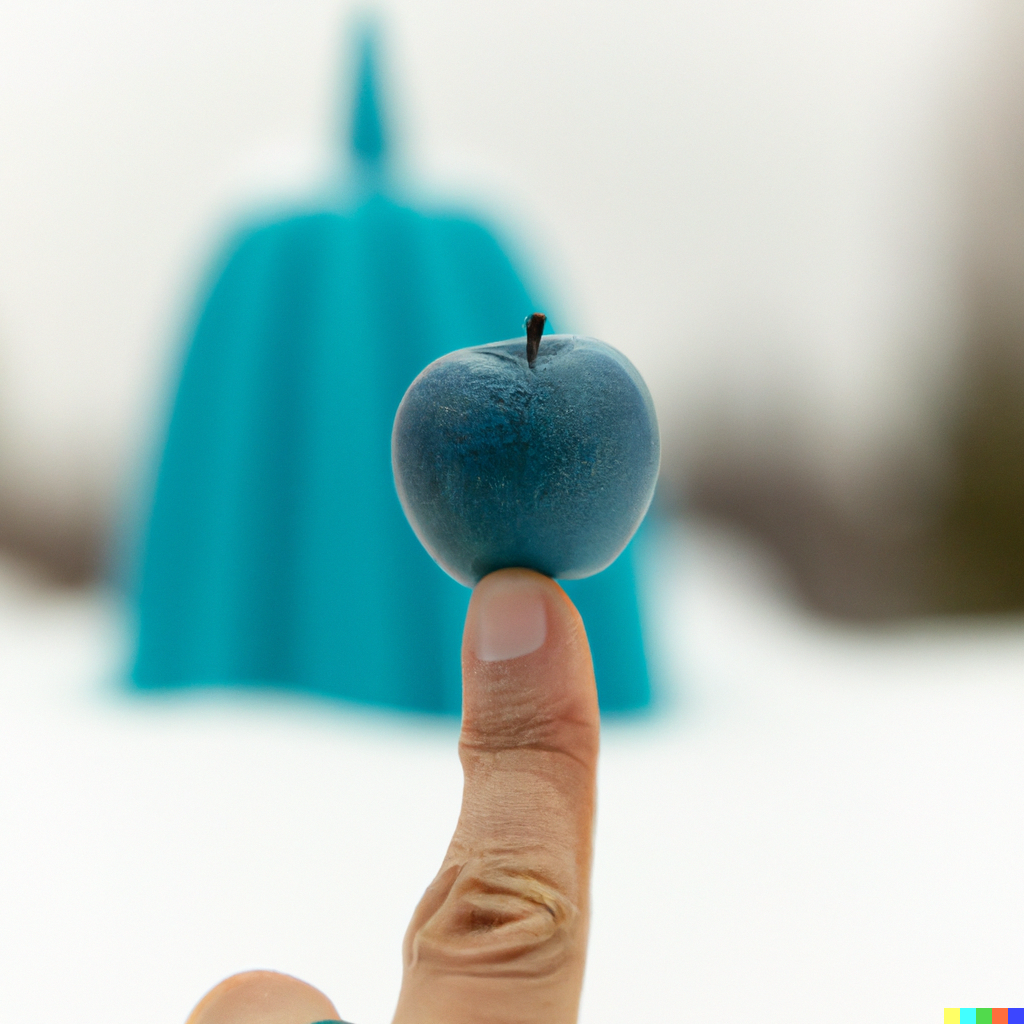 blue apple sitting on the tip of a finger with an igloo in the background 2