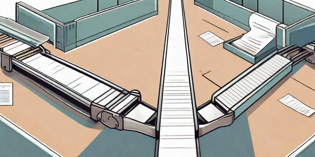 A conveyor belt with various legal documents moving along it