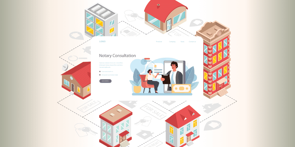 Houses with a woman consulting for notary online
