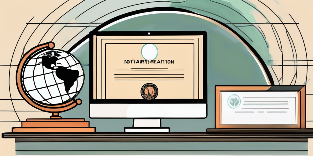 A computer screen displaying a notary seal and a document