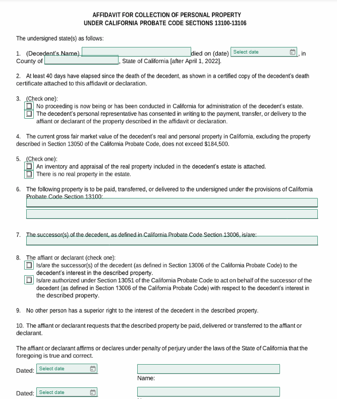 small estate affidavit california form