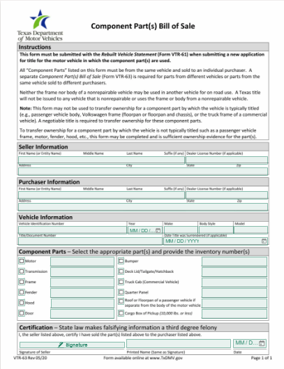 Component Parts Bill of Sale Template