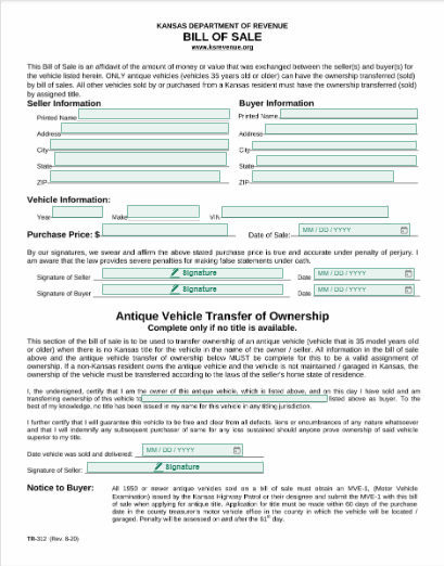 Standard Bill of Sale Form Template